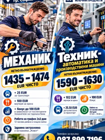 Работа за Механик и Техник-автоматика в гр. София